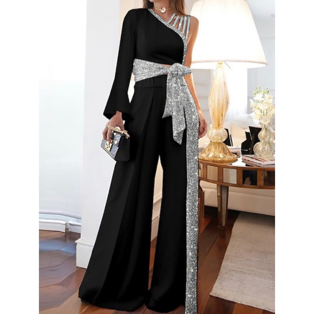 Women's 2 piece Jumpsuit Lace up One Shoulder one Long Sleeve